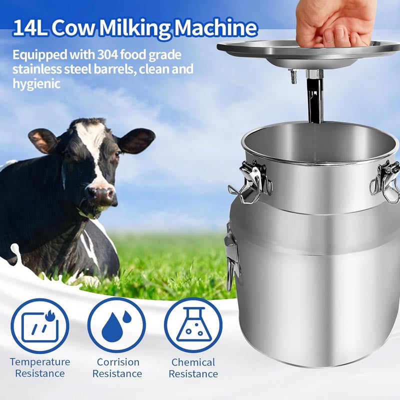 BowLift | 14L Electric Cow Milking Machine 304 Stainless Steel Bucket Portable Plug-in Pulsating Vacuum Pump