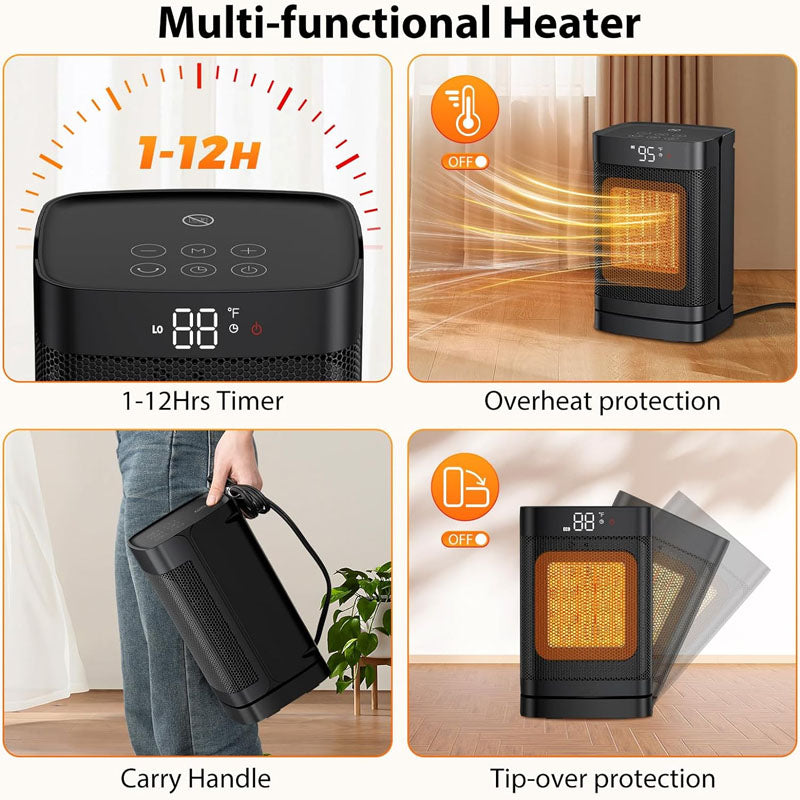BowLift | 10 inch Electric Space Heater 1500W Portable Heater 60°Oscillating 4 Modes 12h Timer Space Heater Indoor with Thermostat