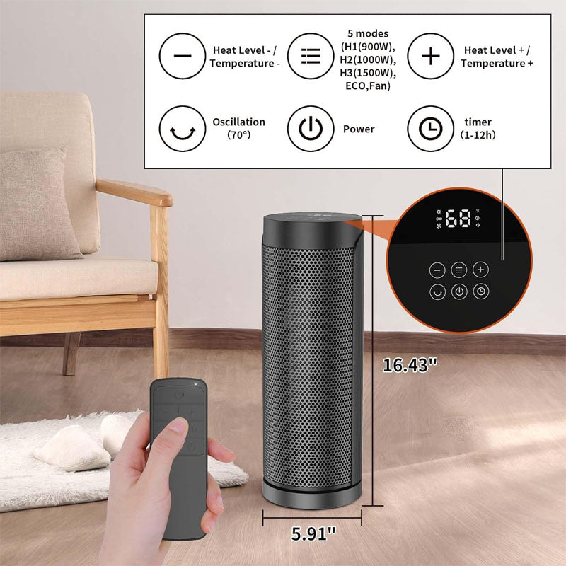 BowLift | 17 Inchs Electric Space Heater with Thermostat Remote Control 70° Oscillating 12H Timer 1500W Quiet PTC Ceramic Heating