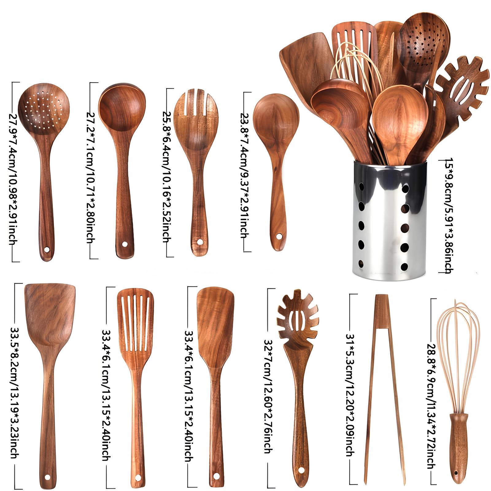 BowLift | 11-Piece Kitchen Utensil Set Made of Teak – Including Holder – Natural Look for the Kitchen