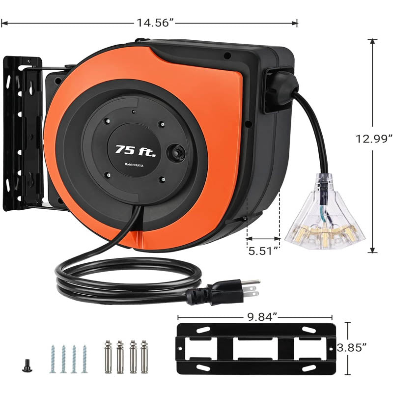 BowLift | Extension Cord Reels 75 FT Heavy Duty Power Cord 12AWG/3C SJTOW Lighted Triple Tap Outlets 10A Circuit Breaker