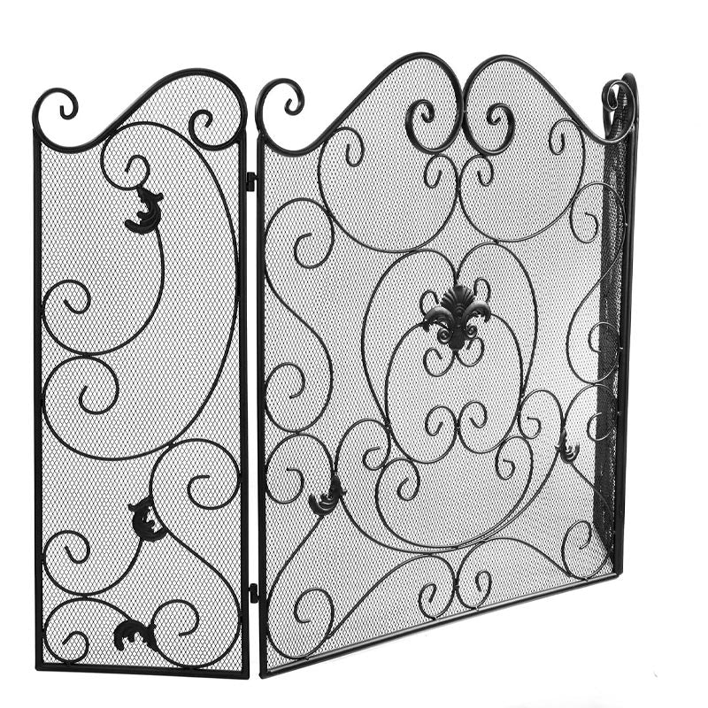 BowLift | Wrought Iron Floor-Standing Fireplace Tri-Fold Screen, Fence Home Stove Partition Fire Cover