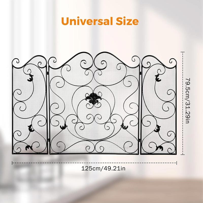 BowLift | Wrought Iron Floor-Standing Fireplace Tri-Fold Screen, Fence Home Stove Partition Fire Cover