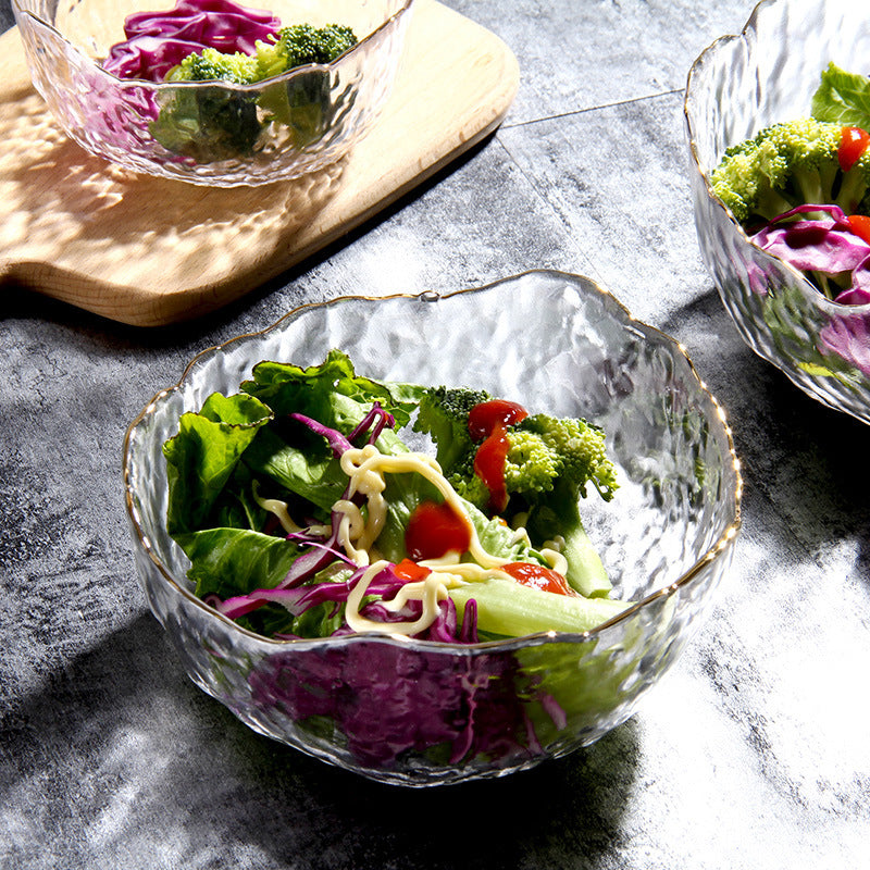 BowLift | Thickened Hammered Gold-Rimmed Glass Salad Bowl, Transparent Tableware Set, Dessert Bowl, Living Room And Home