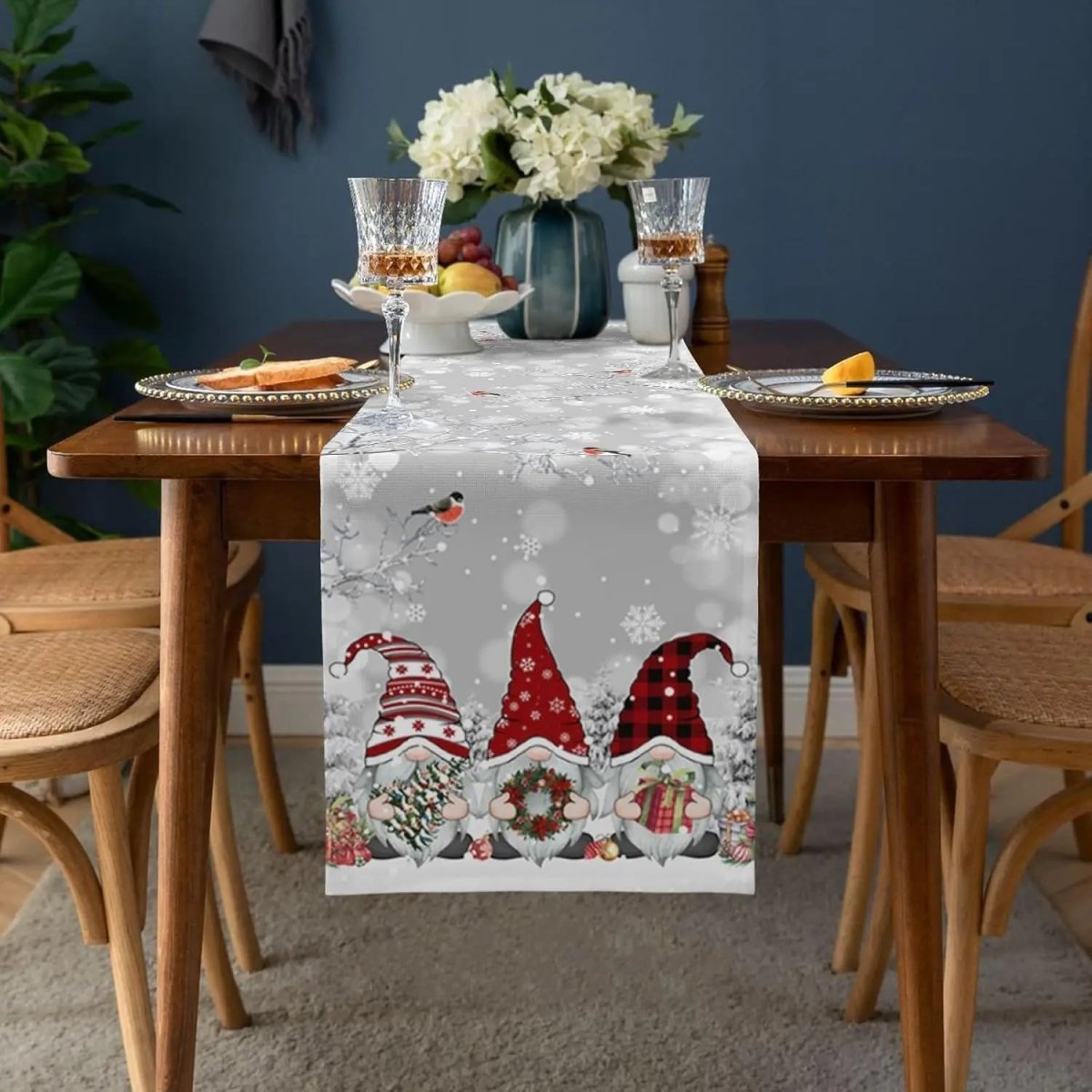 BowLift | Festive Linen Table Runner for Christmas with Snowflake and Gnome Motif