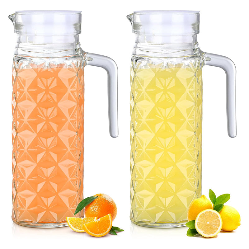 BowLift | 1.1L 2 Pcs Glass Pitcher with Lid Fridge Pitcher with Handle Glass Water Pitcher Juice Containers Milk Jug