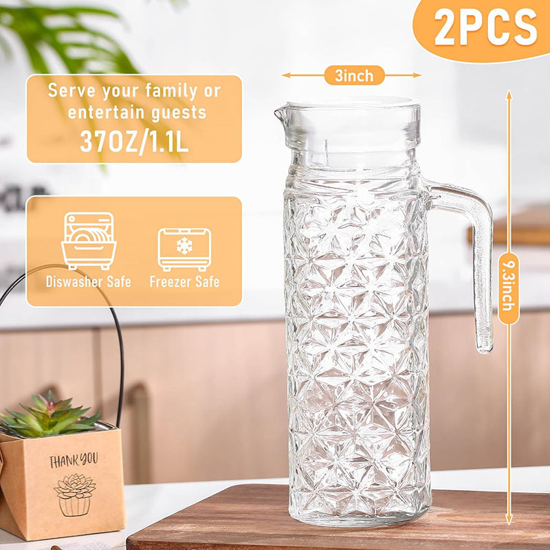 BowLift | 1.1L 2 Pcs Glass Pitcher with Lid Fridge Pitcher with Handle Glass Water Pitcher Juice Containers Milk Jug