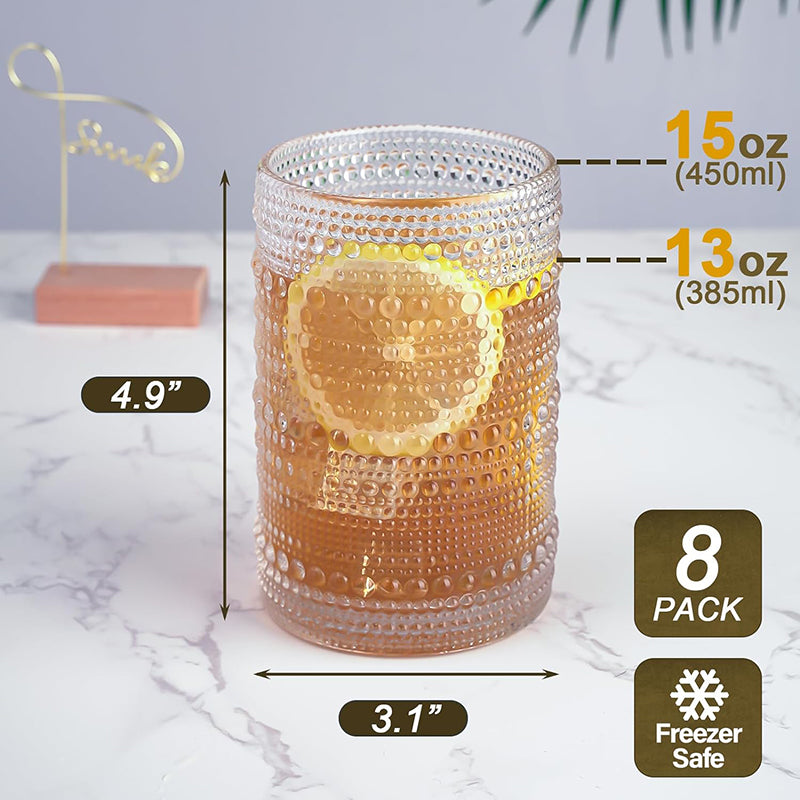 BowLift | 15Oz Drinking Glasses Set of 8, Vintage Glassware Sets for Kitchen and Bar Beaded Glass Cups, Clear Bubble Glassware Sets