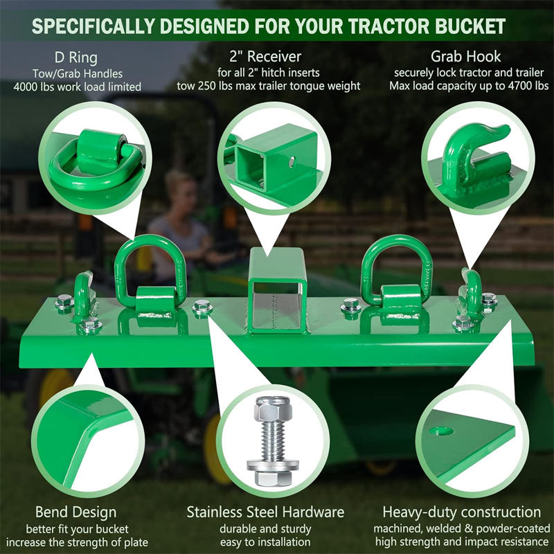 BowLift | Grab Hooks 5" x 21.85" Heavy Duty Bolt on Compact Grab Hooks  2" Receiver  for Tractor Bucket RV UTV Truck Hardware Includ