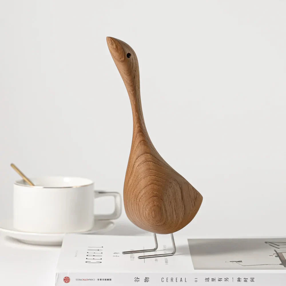 BowLift | Nordic Wooden Goose Figures Abstract Teak Wood Sculpture Love Couple Figures Natural Animal Ornaments for Home Decoration