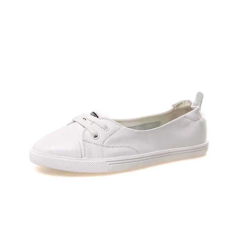 BowLift | 100% Genuine Leather Shoes Women Flat Casual Shoes Soft Cowhide White Flats