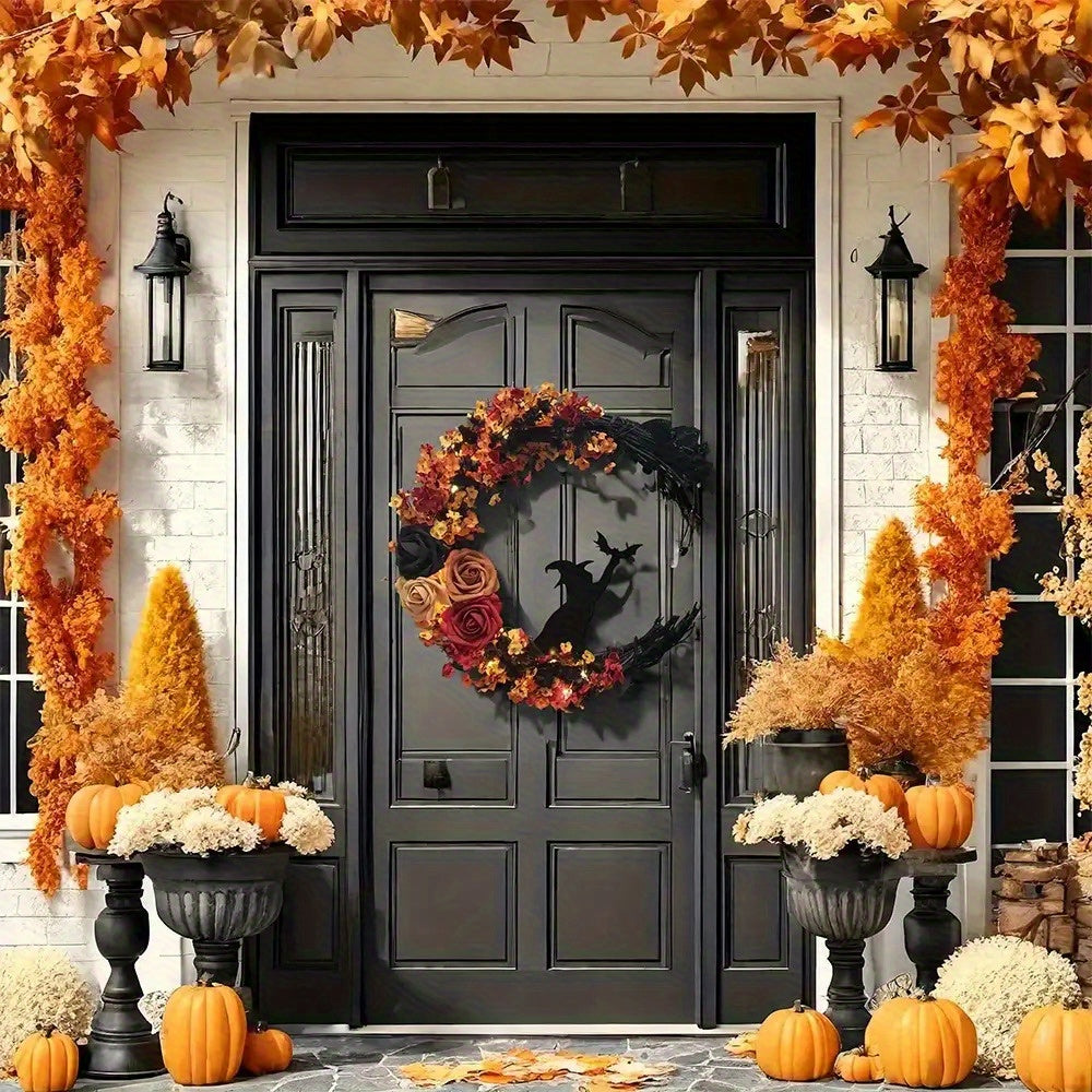 BowLift | Rustic Witch Crescent Moon Floral Wreath for Halloween Door Décor