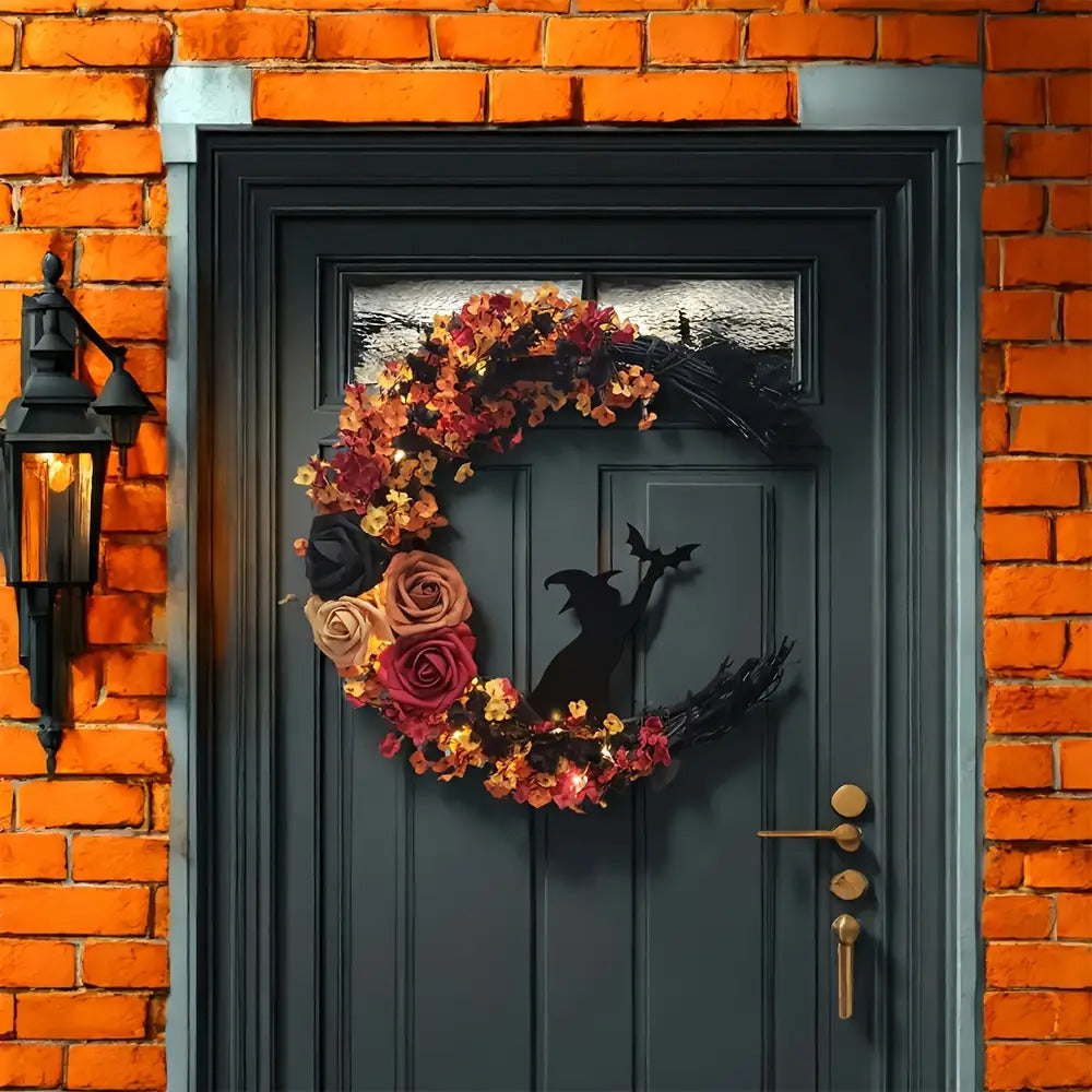 BowLift | Rustic Witch Crescent Moon Floral Wreath for Halloween Door Décor