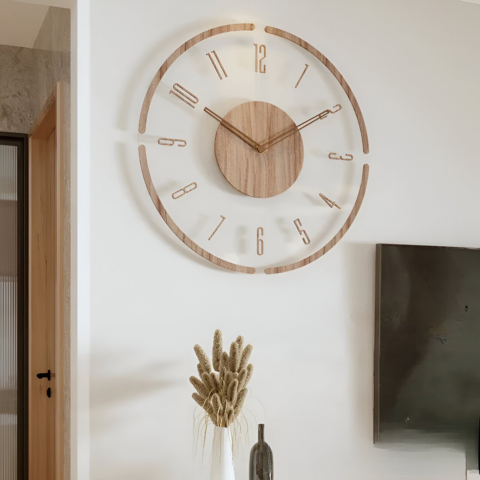 BowLift | ClearWood Transparent Wall Clock – Silent Quartz with Wooden Details