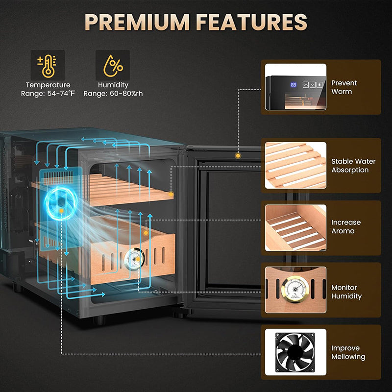 BowLift | 16L Electric Humidor 100 Cigars Humidor Cabinet with Cooling Temperature Control Electric Cooling Cigar Fridge