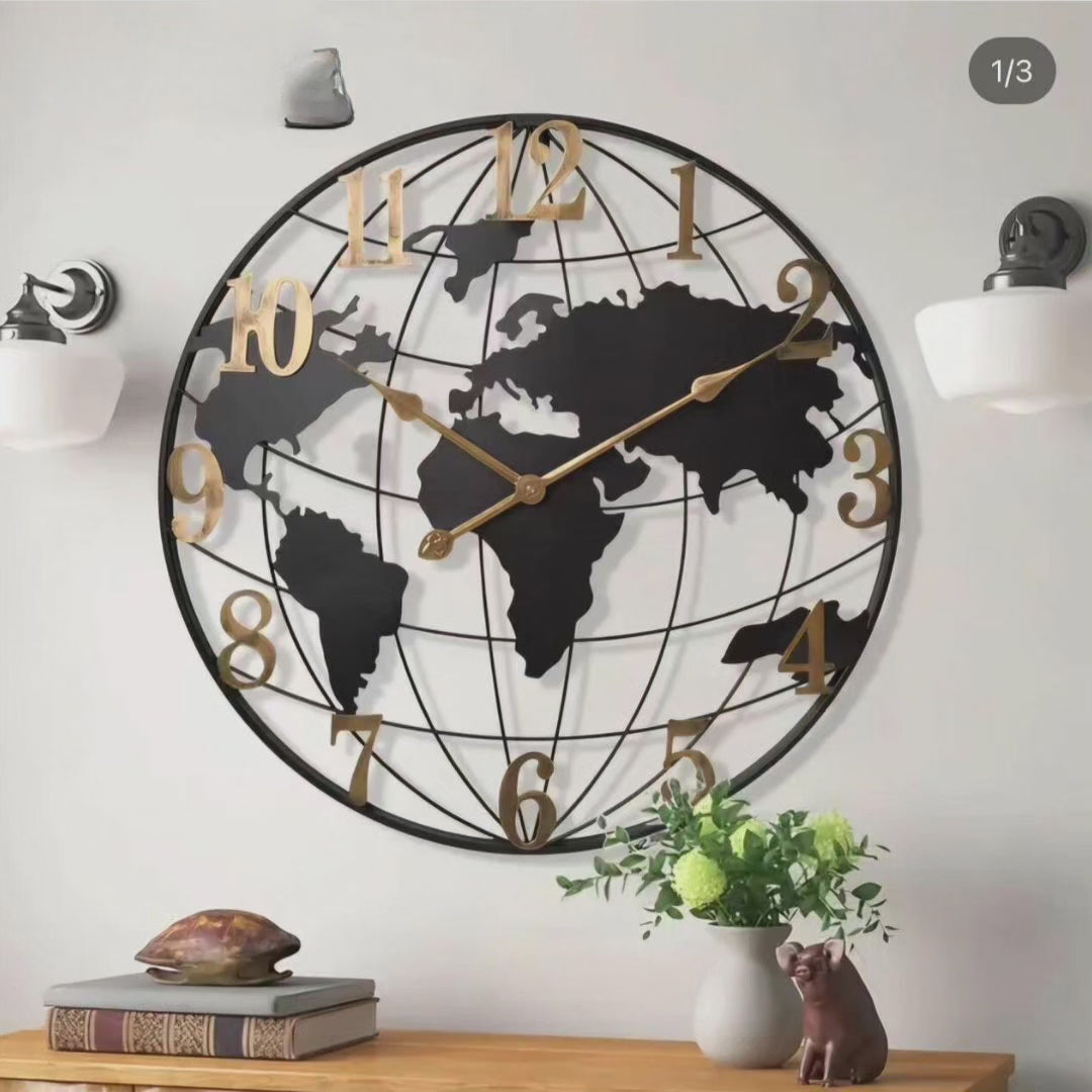 BowLift | 60cm Large World Map Wall Clock – Modern Decorative Timepiece for Living Room