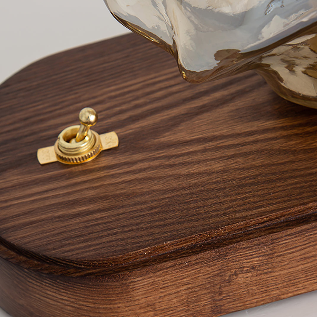 BowLift | RusticLume – Amber Glass and Wooden Table Lamp