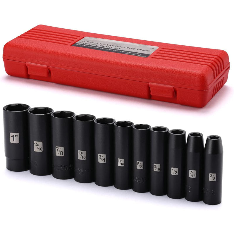 BowLift | 11 Pieces 1/2-Inch Drive Deep Impact Socket Set 6 Point CR-V Alloy Steel 3/8-Inch to 1-Inch