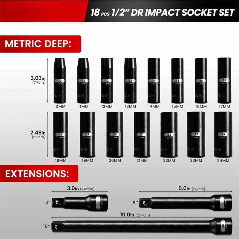 BowLift | 18PCS 1/2-Inch Impact Deep Well Metric Socket Set  Metric 10-24mm Include 3"  5"  10" Extension Bars 6 Point Chrome Vanadium Steel Socket Set