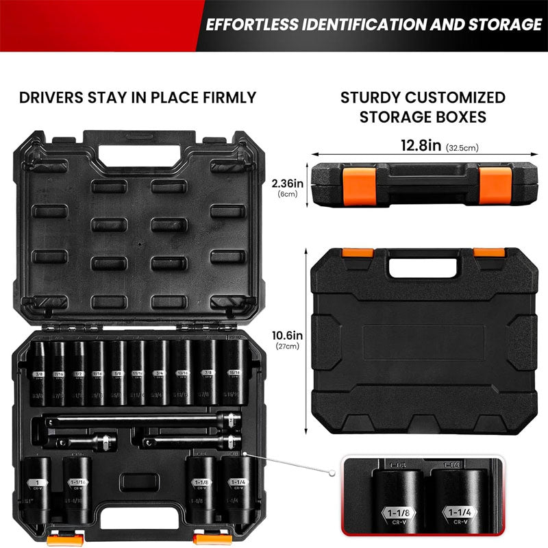 BowLift | 18PCS 1/2-Inch Impact Deep Well Metric Socket Set  Metric 10-24mm Include 3"  5"  10" Extension Bars 6 Point Chrome Vanadium Steel Socket Set