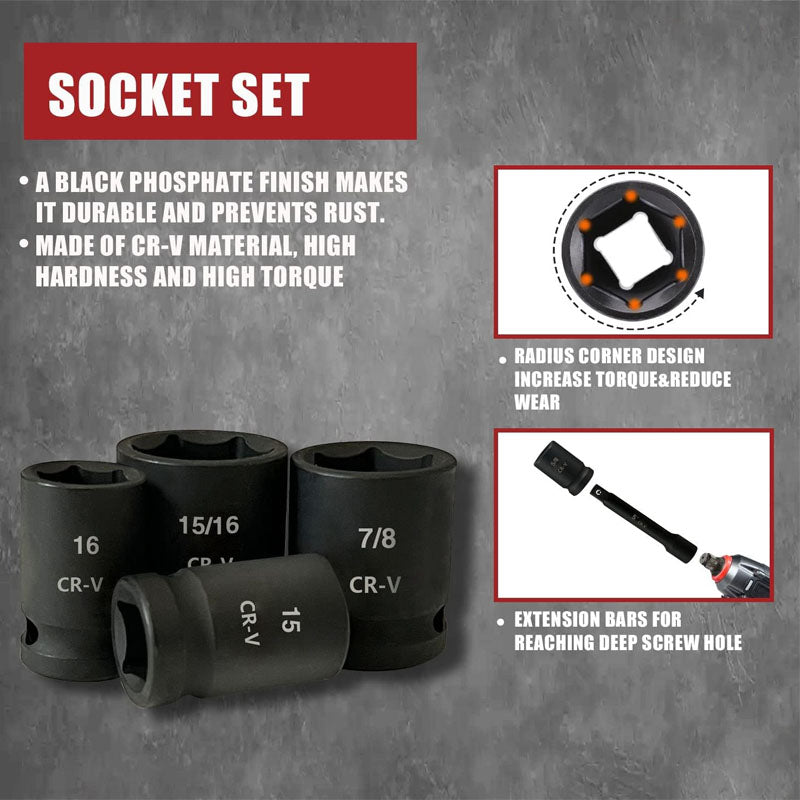 BowLift | 1/2" Drive Master Impact Socket Set 24-Piece Shallow Standard SAE (7/16-Inch to 1-Inch) & Metric (13-24 mm) Sizes