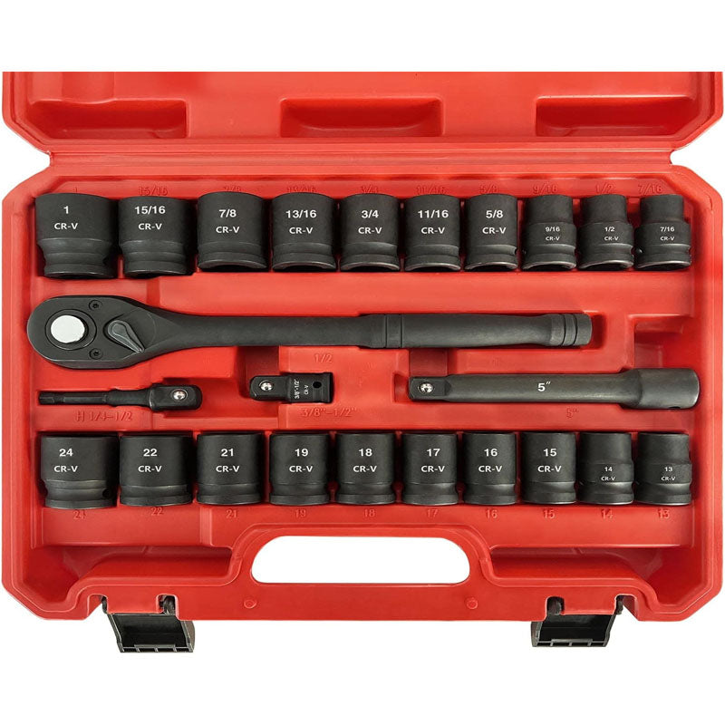 BowLift | 1/2" Drive Master Impact Socket Set 24-Piece Shallow Standard SAE (7/16-Inch to 1-Inch) & Metric (13-24 mm) Sizes