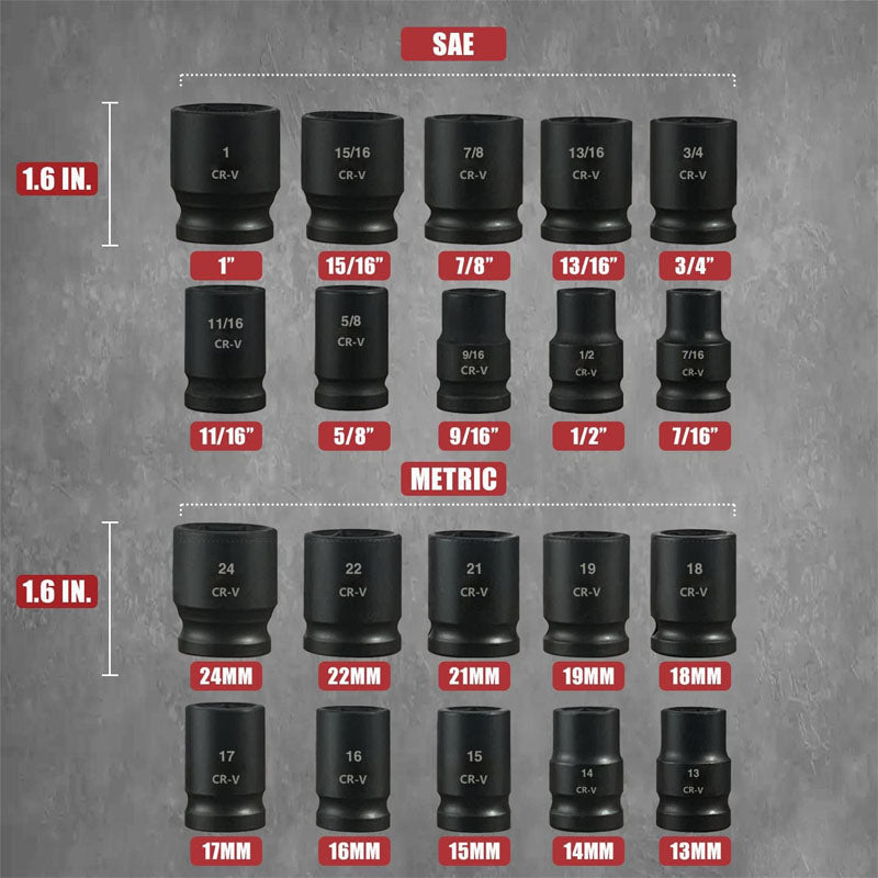 BowLift | 1/2" Drive Master Impact Socket Set 24-Piece Shallow Standard SAE (7/16-Inch to 1-Inch) & Metric (13-24 mm) Sizes
