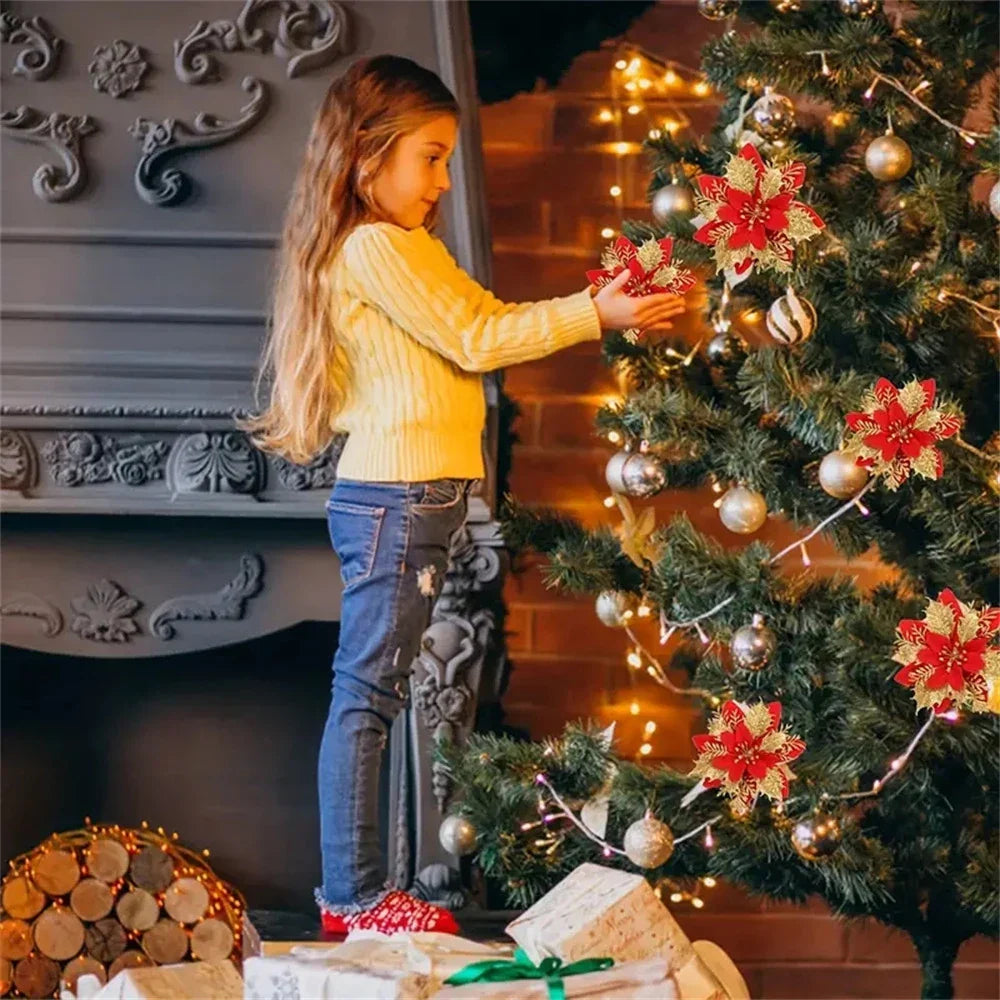 BowLift | Floréva Decoratieve Kerstbloemen – Set van 5 of 10 Kunstbloemen (14,5 cm) in Roze, Rood & Goud voor Feestelijke Decoratie