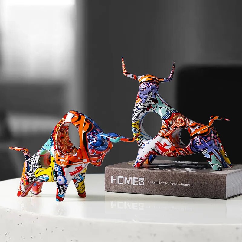 BowLift | Colourful Bull Sculpture – Modern Resin Statue with Graffiti Art Design