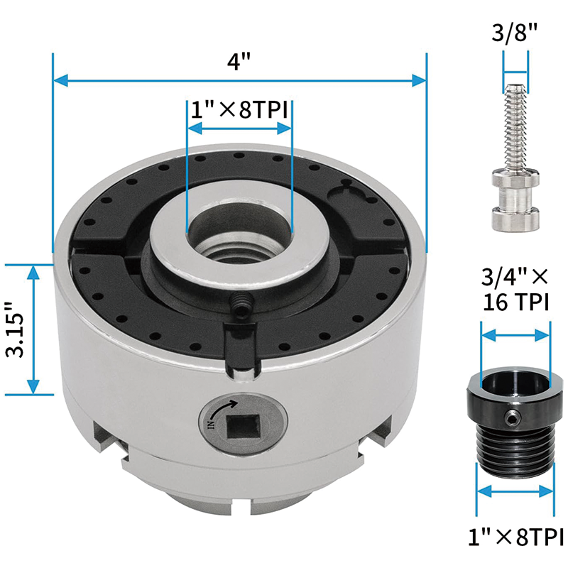 BowLift | Wood Lathe Chuck Set 4 Inch,Nickel Plated Self-Centering 4 Jaw Wood Turning Chuck, 3/4"x16TPI Adapter