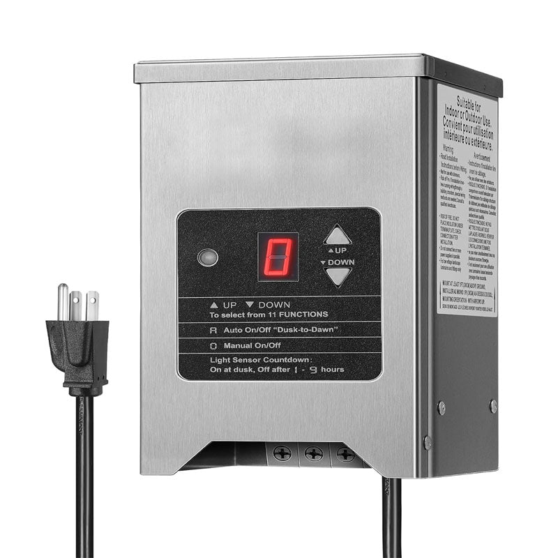 BowLift | 150W Lighting Safety Transformer with Photocell Sensor & Timer Outdoor Waterproof Transformer for LED Lighting Spotlight