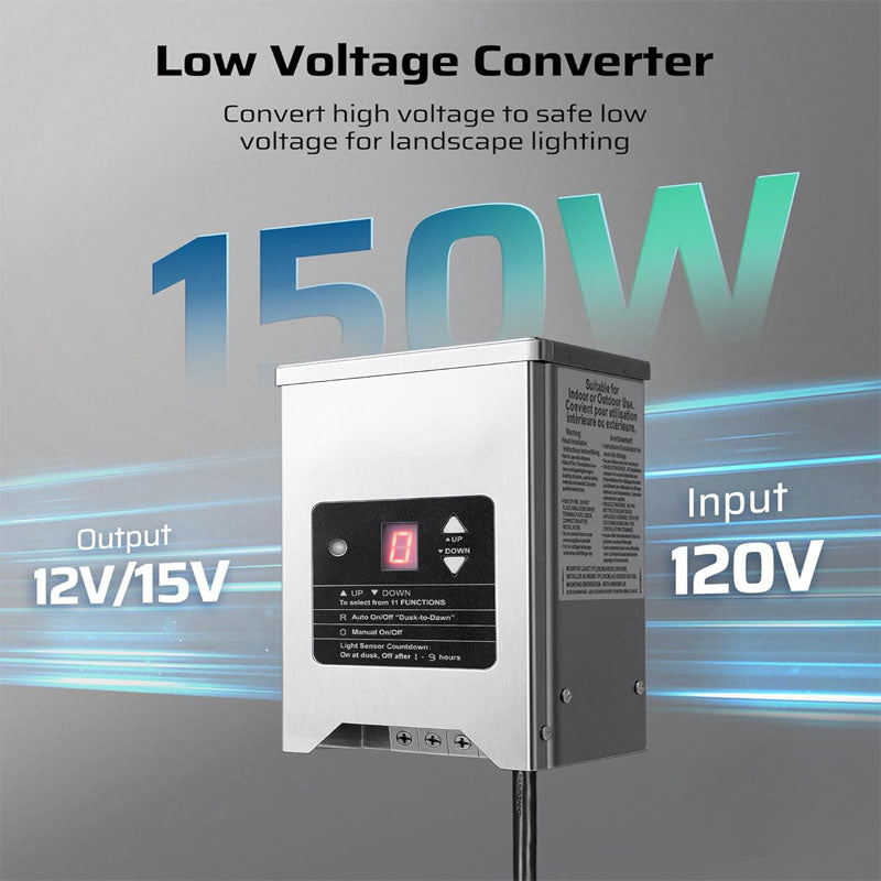 BowLift | 150W Lighting Safety Transformer with Photocell Sensor & Timer Outdoor Waterproof Transformer for LED Lighting Spotlight