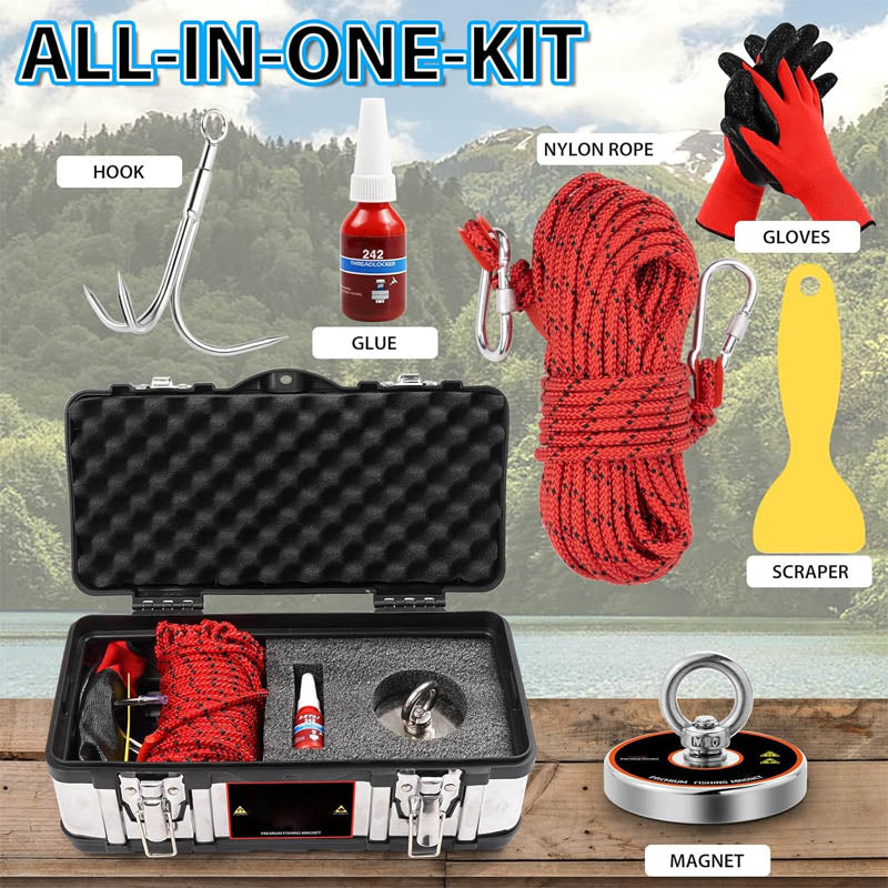 BowLift | Magnet Fishing Kit 700 lbs Pulling with Heavy Duty 65FT Rope Grappling Hook Waterproof Case Gloves Threadlocker Eye Bolt