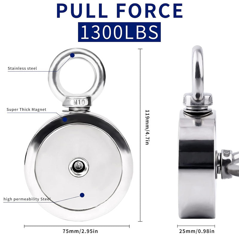 BowLift | Magnet Fishing Kit Strong 1300Lbs Pulling with 65ft Rope 2.95" Rare Earth Magnets with 2 Countersunk Hole for Magnetic Fishing and River Lake Hunting