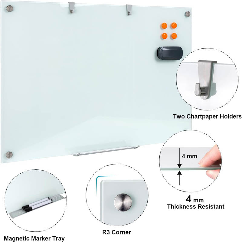 BowLift | Magnetic Glass Whiteboard 36"x24" Glass Dry Erase Board Large Glass Board for Wall White