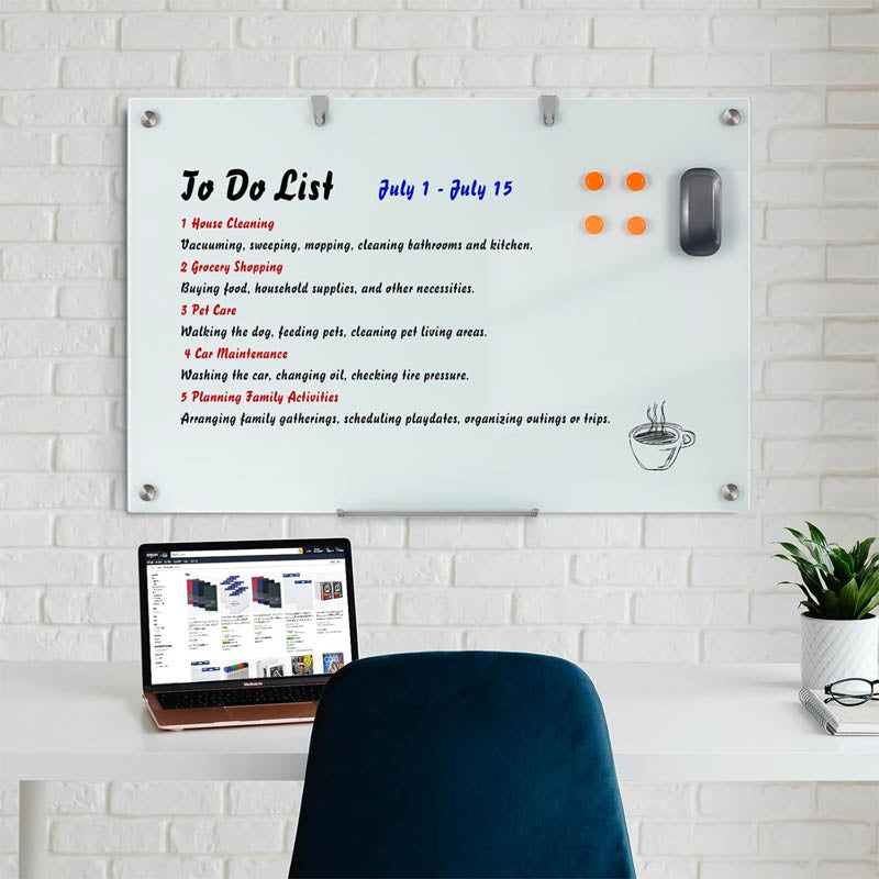 BowLift | Magnetic Glass Whiteboard 36"x24" Glass Dry Erase Board Large Glass Board for Wall White