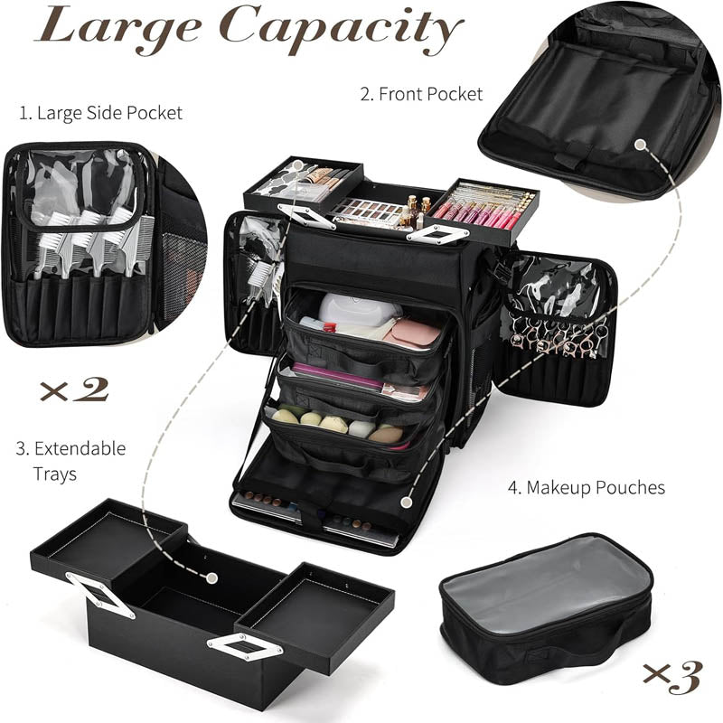 BowLift | Rolling Makeup Train Case Professional Cosmetology Travel Trolley with telescopic handle Makeup Artist Organizer Box