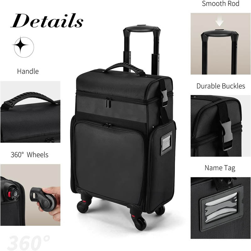 BowLift | Rolling Makeup Train Case Professional Cosmetology Travel Trolley with telescopic handle Makeup Artist Organizer Box