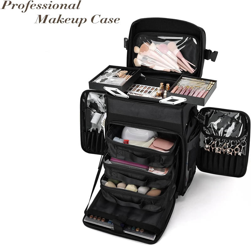 BowLift | Rolling Makeup Train Case Professional Cosmetology Travel Trolley with telescopic handle Makeup Artist Organizer Box
