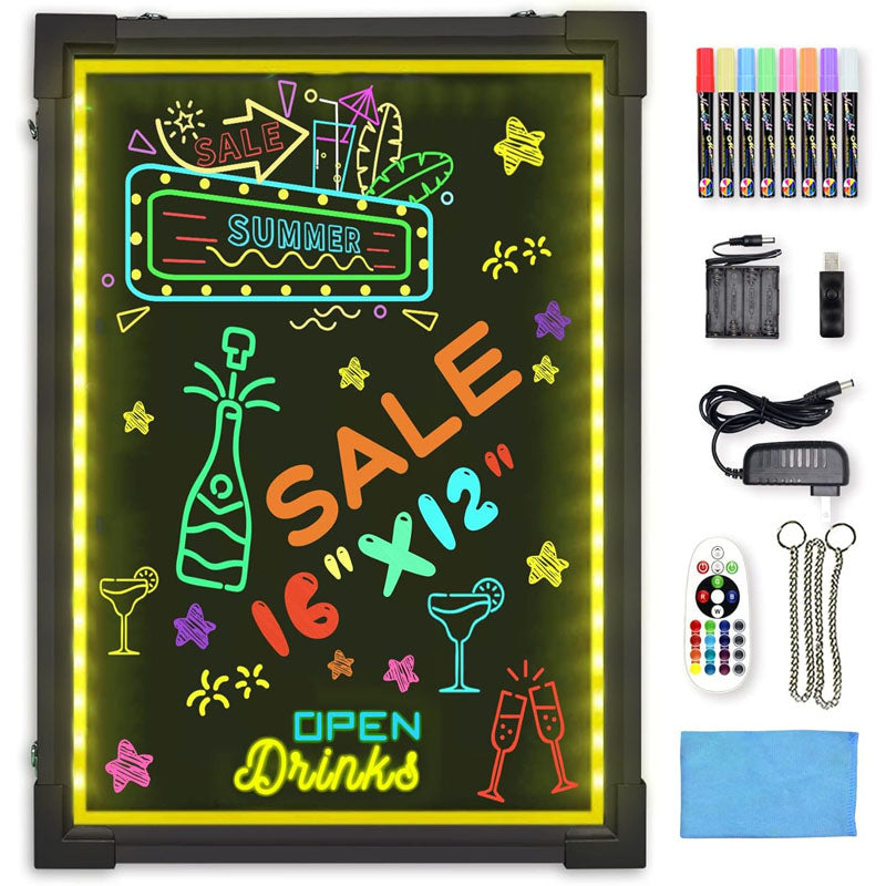 BowLift | 16"X 12" LED Message Board  Illuminated Erasable Neon Effect Restaurant Menu Sign with 8 Colors Markers