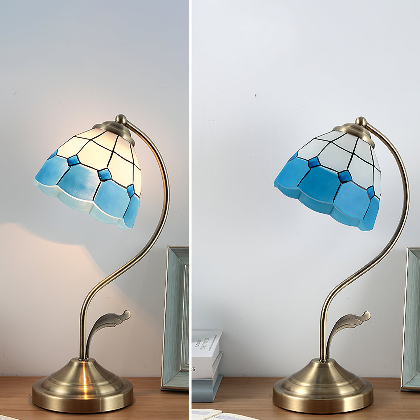 BowLift | LuxePetal – White and Blue Glass Floral Table Lamp in Gold