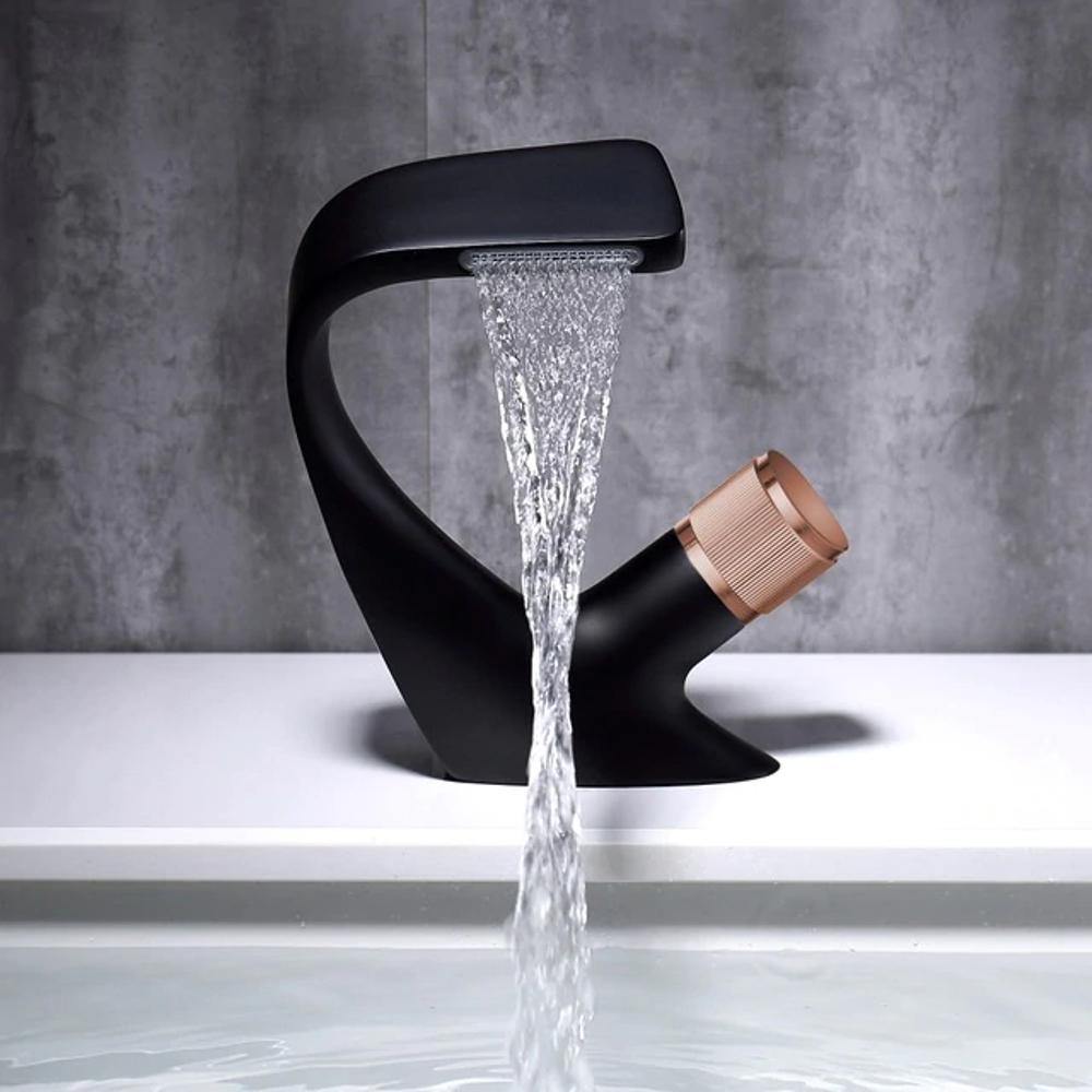 BowLift | AQUACASCADE Basin Tap – Modern Waterfall Bathroom Mixer Tap in Solid Brass