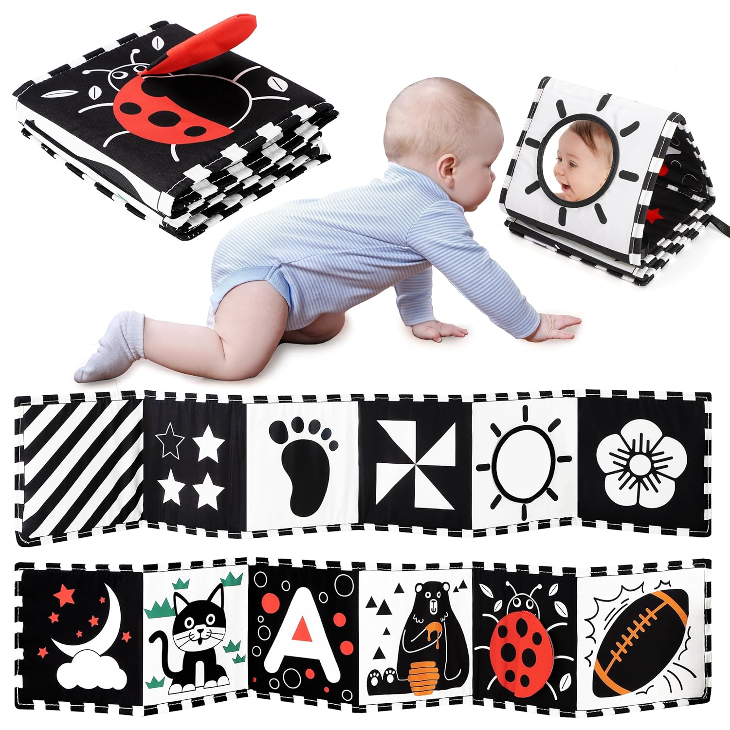 BowLift | SensoryTales | Montessori Baby Sensory Book made of Soft Polyester - High Contrast Patterns and Baby Safe Mirror