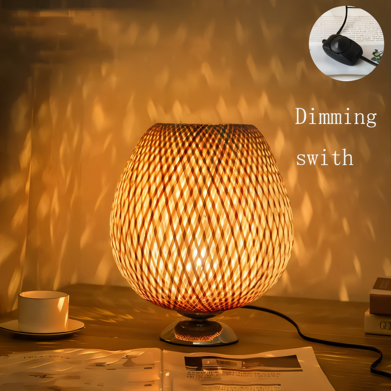 BowLift | NatureHue – Vintage Bamboo Table Lamp – Creative Woven Rattan Desk Light