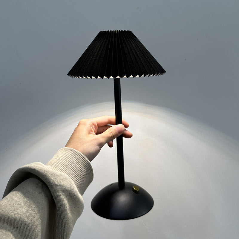 BowLift | Contemporary Scandinavian rechargeable iron fabric cone pleated LED table lamp for bedside