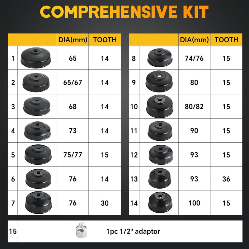 BowLift | 15Pcs Oil Filter Cap Wrench Tool | Universal Cup Type Oil Filter Socket Removal Set 3/8 Inch Drive Oil Canister Socket Service Kit With 1/2 Inch Adaptor