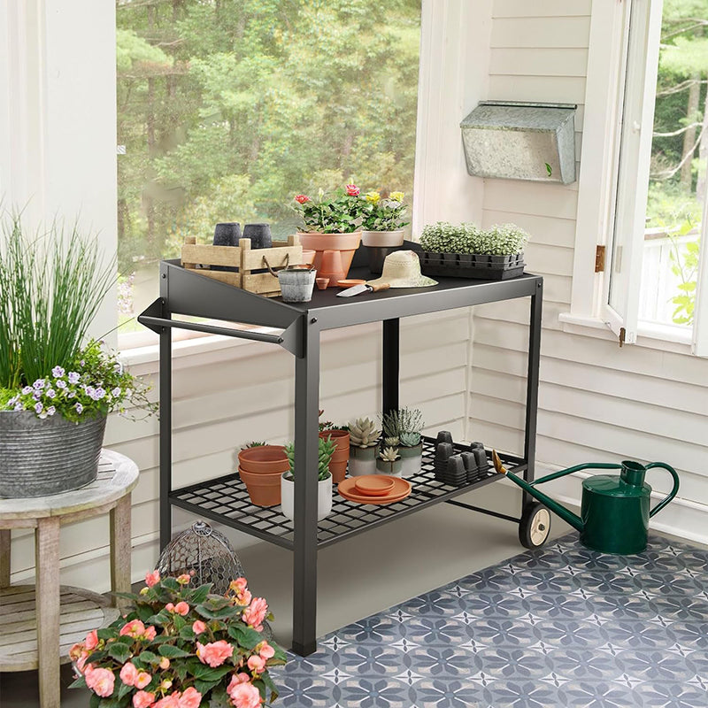 BowLift | Weatherproof Metal Potting Bench with Wheels Planting Table Gardening Work Benches for Outside