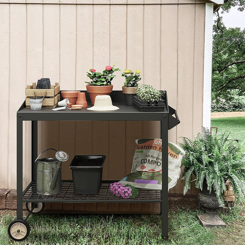BowLift | Weatherproof Metal Potting Bench with Wheels Planting Table Gardening Work Benches for Outside