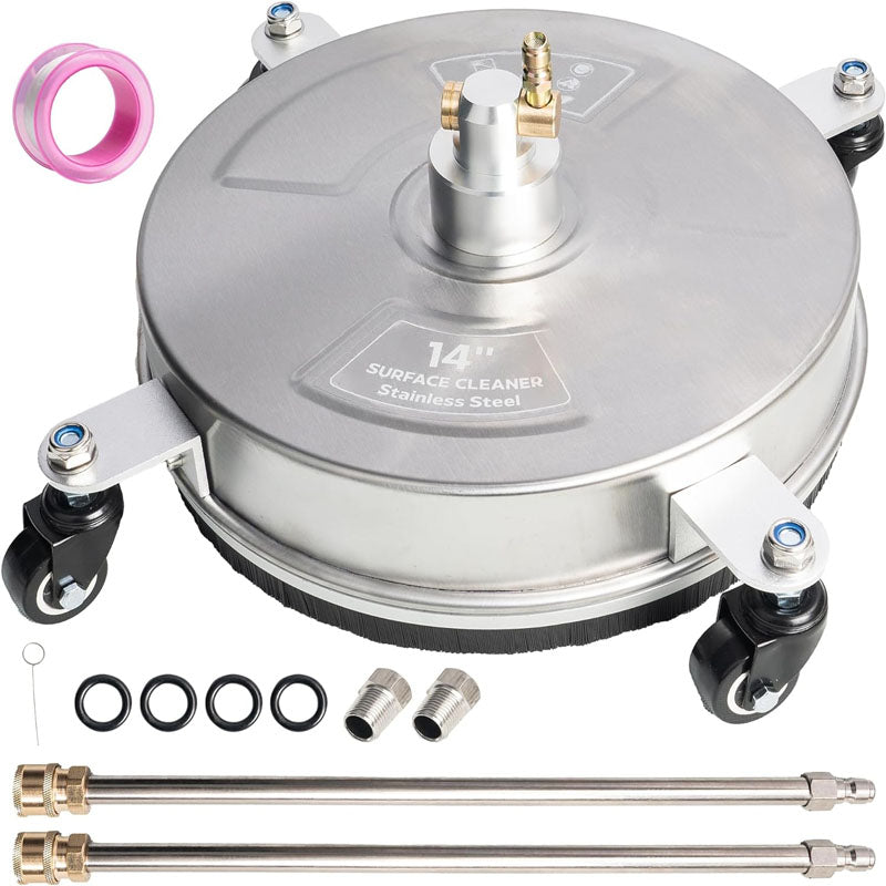 BowLift | 14 inch Pressure Washer Surface Cleaner with wheels 1/4" Quick-Connect Connector w/ 2 Extension Wand  For Floor Driveway Patio