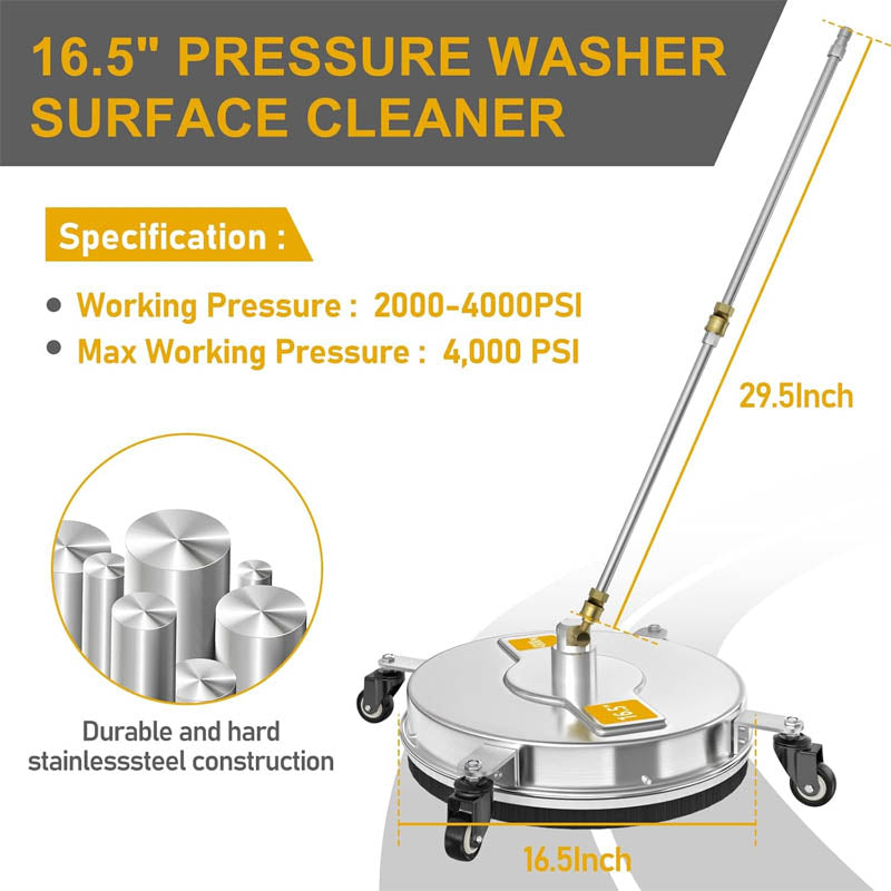 BowLift | 16.5'' Pressure Washer Surface Cleaner with  2 Extension Wand 2 Replacement Nozzles For Floor Driveway